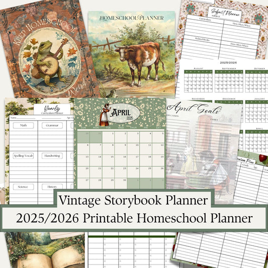 2025 2026 Printable Homeschool Planner | Vintage Storybook Theme | SO many planning pages | Homeschooling Schedule | Monthly Calendar |